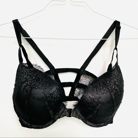 NEW VS VICTORIAS SECRET Black Lace Strappy Elastic Front Clasp Push Up Bra 32D - Picture 8 of 8